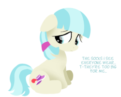 Size: 2500x2000 | Tagged: safe, artist:sugarstraw, derpibooru exclusive, coco pommel, earth pony, pony, g4, cocobetes, cute, female, filly, floppy ears, high res, lineless, looking back, sad, simple background, solo, talking, text, transparent background