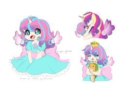 Size: 4600x3400 | Tagged: safe, artist:kawurin, princess cadance, princess flurry heart, whammy, human, g4, clothes, crown, cute, dress, duo, female, floating wings, flurrybetes, horn, horned humanization, humanized, jewelry, mother and daughter, regalia, simple background, tongue out, watermark, white background, winged humanization, wings