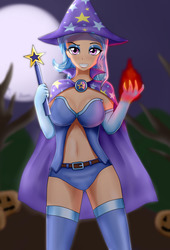 Size: 1360x2000 | Tagged: safe, artist:focusb, trixie, human, g4, breasts, busty trixie, cape, clothes, female, fire, full moon, halloween, hat, holiday, humanized, jack-o-lantern, looking at you, moon, pumpkin, socks, solo, spell, stockings, thigh highs, trixie's cape, trixie's hat, wand