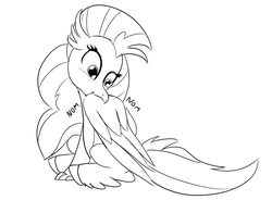 Size: 1003x739 | Tagged: safe, artist:sintakhra, silverstream, classical hippogriff, hippogriff, tumblr:studentsix, g4, behaving like a bird, birds doing bird things, cute, diastreamies, female, hippogriffs doing bird things, hnnng, horsebird, lineart, monochrome, nom, onomatopoeia, preening, simple background, sitting, solo, white background