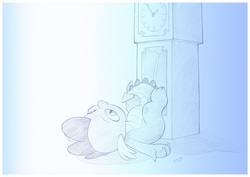 Size: 1042x737 | Tagged: safe, artist:sherwoodwhisper, spike, dragon, g4, clock, do you want to build a snowman, lying down, male, pencil drawing, solo, traditional art