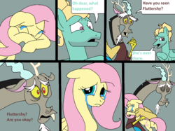 Size: 1024x765 | Tagged: safe, artist:didgereethebrony, discord, fluttershy, zephyr breeze, draconequus, pony, comic:wreck of the renaissance, g4, comforting, comic, crying, tears of pain, teary eyes