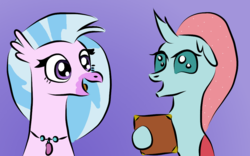 Size: 1024x641 | Tagged: safe, artist:platinumdrop, ocellus, silverstream, classical hippogriff, hippogriff, g4, book, gradient background