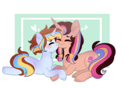 Size: 2752x1958 | Tagged: dead source, safe, artist:moon-rose-rosie, oc, oc only, oc:crystal moonlight, oc:melanie (moon-rose-rosie), pony, unicorn, cheek kiss, chest fluff, duo, facial markings, female, heart, horn, kissing, light blue background, lying down, mare, pale belly, passepartout, pigtails, ponysona, prone, simple background, transparent background, unicorn oc, watermark