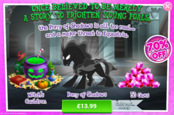 Size: 797x528 | Tagged: safe, gameloft, screencap, pony of shadows, alicorn, pony, shadow pony, g4, shadow play, adoracreepy, advertisement, cauldron, costs real money, crack is cheaper, creepy, cute, first male alicorn, gem, introduction card, male, sale, shadorable, stallion, standing