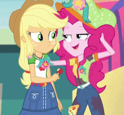 Size: 489x453 | Tagged: safe, screencap, applejack, pinkie pie, equestria girls, equestria girls series, g4, rollercoaster of friendship, animated, applejack's hat, arm around neck, candy, cowboy hat, cropped, duo, female, food, hat, lollipop, one eye closed, out of context, wink