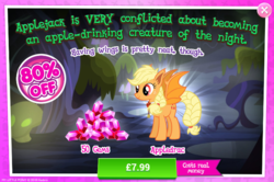 Size: 796x528 | Tagged: safe, gameloft, applejack, bat pony, pony, g4, night of the living apples, spoiler:comic, spoiler:comic33, advertisement, applebat, bat ponified, blonde, braid, braided tail, costs real money, female, gem, hatless, introduction card, mare, missing accessory, race swap, sale