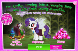Size: 797x527 | Tagged: safe, gameloft, rarity, alicorn, bat pony, bat pony alicorn, pony, vampire, g4, night of the living apples, spoiler:comic, spoiler:comic33, advertisement, alicornified, bat ponified, costs real money, female, gem, introduction card, maize, mare, race swap, raribat, raricorn, sale, solo, spread wings, wings