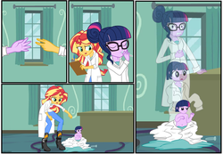 Size: 3500x2426 | Tagged: safe, artist:gamerpen, sci-twi, sunset shimmer, twilight sparkle, equestria girls, g4, age regression, baby, babylight sparkle, clothes, comic, high res, lab coat, mama sunset, what has science done, younger