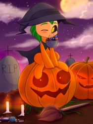 Size: 3000x4000 | Tagged: safe, artist:pesty_skillengton, oc, oc only, pony, broom, candle, candy, cape, clothes, cute, food, gravestone, halloween, hat, holiday, jack-o-lantern, lollipop, milka, moon, one eye closed, pumpkin, sitting, sky, snickers, solo, sweets, wink, witch, witch hat, ych result