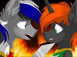 Size: 2048x1536 | Tagged: safe, artist:goofnoo, oc, oc only, oc:paladin blade, oc:ravery, unicorn, semi-anthro, clothes, duo, fight, fire, looking at each other, male, sword, threatening, weapon