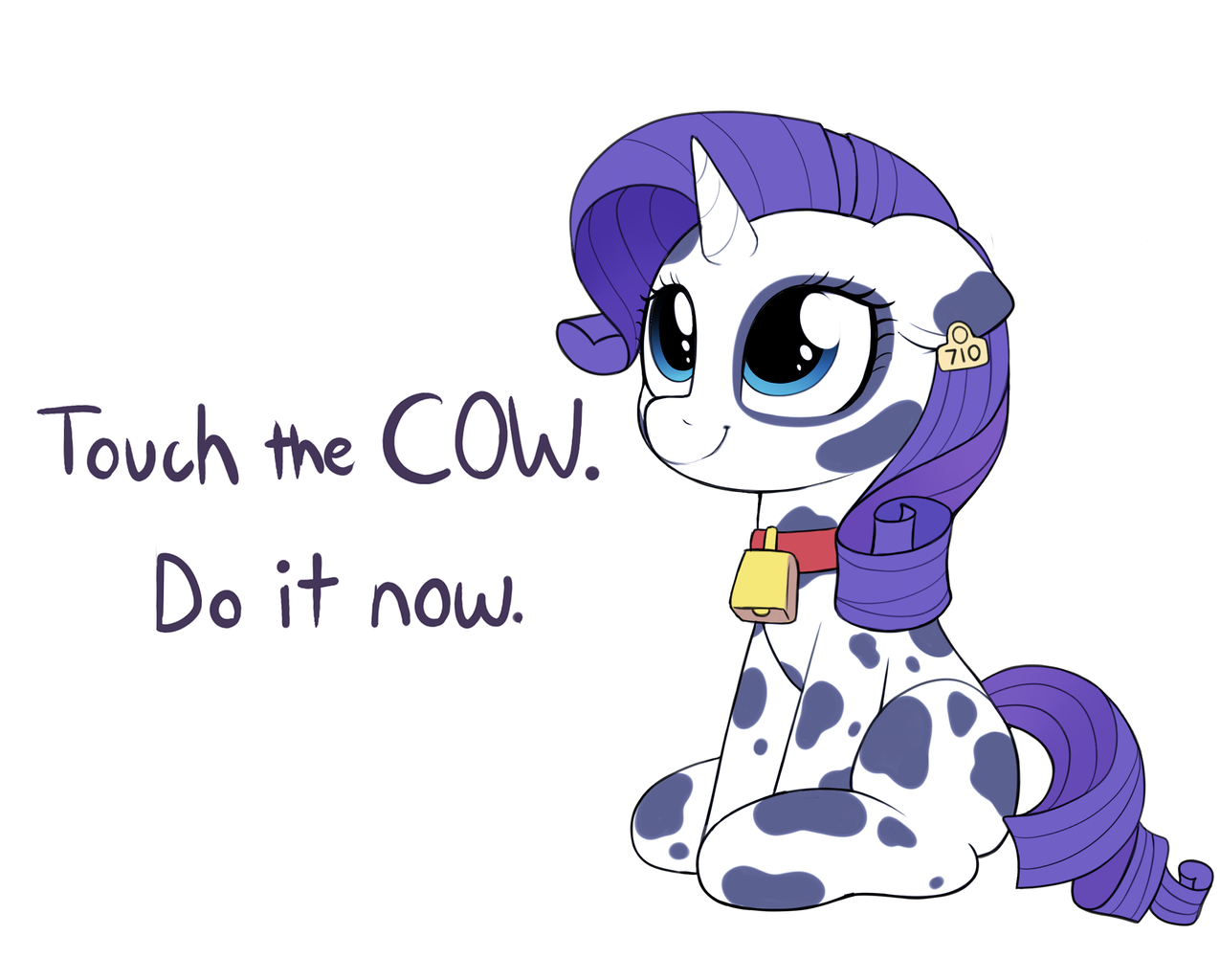 1862983 - safe, artist:moozua, rarity, cow, pony, unicorn, bell, bell collar, collar, cowbell, cowified, cute, do it now, ear tag, female, floppy ears, looking up, mare, raribetes, raricow, simple background, sitting, smiling,