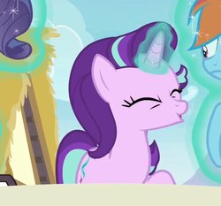 Size: 823x768 | Tagged: safe, screencap, starlight glimmer, pony, unicorn, g4, cropped, duckface, eyes closed, glowing horn, horn, solo focus