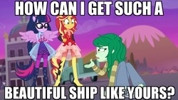 Size: 1920x1080 | Tagged: safe, edit, edited screencap, screencap, sci-twi, sunset shimmer, twilight sparkle, wallflower blush, equestria girls, equestria girls series, forgotten friendship, g4, female, image macro, left out, lesbian, meme, opinion, ponied up, ponytail, sci-twilicorn, ship:sci-twishimmer, ship:sunsetsparkle, shipping, text, wings