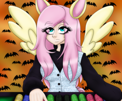 Size: 3000x2500 | Tagged: safe, artist:katkathasahathat, fluttershy, human, g4, blackjack, clothes, cosplay, costume, eared humanization, halloween, high res, holiday, humanized, winged humanization, wings