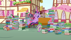 Size: 1555x875 | Tagged: safe, screencap, spike, twilight sparkle, alicorn, dragon, pony, g4, yakity-sax, belly, bench, book, female, glowing horn, hooves behind head, horn, levitation, lidded eyes, lots of books, magic, magic aura, male, ponyville, reclining, relaxed, telekinesis, that pony sure does love books, twilight sparkle (alicorn), winged spike, wings
