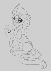 Size: 1164x1608 | Tagged: safe, artist:dusthiel, autumn blaze, kirin, g4, sounds of silence, diamond ring, female, gray background, grayscale, levitation, looking at you, magic, monochrome, quadrupedal, simple background, solo, telekinesis