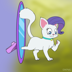 Size: 1000x1000 | Tagged: safe, artist:empyu, rarity, cat, equestria girls, g4, the other side, 30 minute art challenge, alternate scenario, bell, bell collar, cat bell, catified, collar, mirror, raricat, solo, species swap, transformation