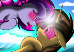 Size: 968x678 | Tagged: safe, artist:pencil bolt, oc, oc only, oc:violet deeper, pony, hypnosis, ocean, request, sky
