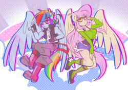 Size: 1700x1200 | Tagged: safe, artist:thegreatrouge, fluttershy, rainbow dash, anthro, g4, boots, clothes, duo, female, gloves, jacket, shoes, shorts, sunglasses, swag, wings