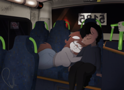 Size: 2000x1453 | Tagged: safe, artist:phyll, oc, oc only, oc:pampa, oc:phyll, anthro, bus, clothes, floppy ears, hug, portuguese, seat, signature, sleeping
