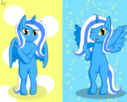 Size: 3175x2551 | Tagged: safe, artist:mylittlefanart1111, oc, oc:fleurbelle, alicorn, pony, abstract background, alicorn oc, bipedal, high res, one eye closed, signature, solo, wink