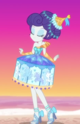Size: 466x720 | Tagged: safe, screencap, rarity, equestria girls, g4, my little pony equestria girls: better together, the other side, alternate clothes, beach, carousel dress, cropped, cute, eyes closed, eyeshadow, fabulous, female, high heels, makeup, ocean, open-toed shoes, raribetes, shoes, solo