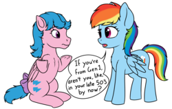 Size: 2669x1700 | Tagged: safe, artist:zippysqrl, derpibooru exclusive, firefly, rainbow dash, pegasus, pony, g1, g4, my little pony 'n friends, 35th anniversary, bow, breaking the fourth wall, chest fluff, dialogue, duo, female, folded wings, g1 to g4, generation leap, generational ponidox, looking at each other, mare, shrug, shrugpony, simple background, speech bubble, tail bow, transparent background, underhoof, wings