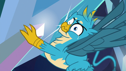 Size: 1280x720 | Tagged: safe, screencap, gallus, griffon, g4, school raze, chest fluff, claws, crying, faic, male, paw pads, paws, tail, tears of pain, wings