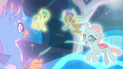 Size: 1280x720 | Tagged: safe, screencap, gallus, ocellus, sandbar, smolder, changedling, changeling, dragon, earth pony, griffon, pony, g4, my little pony: friendship is magic, school raze, chair, claws, cutie mark, dragoness, element of generosity, element of kindness, element of loyalty, element of magic, female, male, smiling, teenager, wings