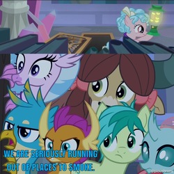 Size: 1200x1200 | Tagged: safe, edit, edited screencap, screencap, cozy glow, gallus, ocellus, sandbar, silverstream, smolder, yona, changedling, changeling, dragon, griffon, hippogriff, yak, g4, school raze, female, filly, funny, meme, student six, text