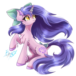 Size: 2894x2894 | Tagged: safe, artist:alexbluebird, oc, oc only, oc:avici flower, pony, unicorn, bandage, bow, ear fluff, female, fluffy, frostinglyladale, hair bow, high res, looking up, mare, simple background, smiling, tail bow, transparent background