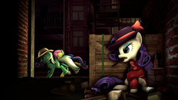 Size: 3840x2160 | Tagged: safe, artist:whiteskyline, bon bon, lyra heartstrings, rarity, sweetie drops, earth pony, pony, g4, 3d, detective rarity, gun, handgun, hat, high res, magic, mouth hold, pistol