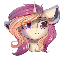 Size: 1278x1173 | Tagged: safe, artist:falafeljake, oc, oc only, oc:strawberry sorbet, pony, bust, emotions, eye clipping through hair, floppy ears, simple background, solo, sticker, transparent background, ych result