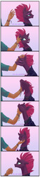 Size: 441x1920 | Tagged: safe, artist:candasaurus, tempest shadow, human, pony, unicorn, g4, behaving like a cat, blushing, broken horn, chin scratch, comic, commission, cute, daaaaaaaaaaaw, eyes closed, female, floppy ears, horn, mare, petting, tempestbetes