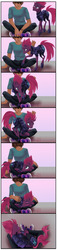 Size: 441x1920 | Tagged: safe, artist:candasaurus, tempest shadow, human, pony, unicorn, g4, behaving like a cat, blushing, broken horn, comic, commission, curled up, cute, daaaaaaaaaaaw, eyes closed, female, hooves, horn, human female, lying down, male, mare, petting, sitting, sleeping, standing, tempestbetes