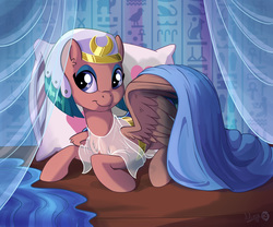 Size: 1800x1500 | Tagged: safe, artist:sirzi, somnambula, pegasus, pony, g4, bed, clothes, female, hieroglyphics, looking at you, mare, pillow, prone, smiling, solo