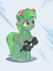 Size: 750x1000 | Tagged: safe, artist:drafthoof, oc, oc only, oc:lonely day, pony, hat, p90, simple background, solo, weapon