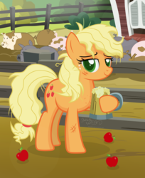 Size: 1901x2333 | Tagged: safe, artist:shutterflyeqd, applejack, earth pony, pig, pony, g4, apple, apple cider, applejack day, drunk, drunk aj, female, fence, food, frazzled, looking at you, mare, messy hair, messy mane, mud, pigsty, solo, sweet apple acres