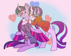 Size: 5097x4031 | Tagged: safe, artist:musicbetmlp, starlight glimmer, twilight sparkle, alicorn, pony, g4, absurd resolution, alternate clothes, alternate universe, blushing, female, glasses, happy, heart, hug, lesbian, looking at each other, one eye closed, ship:twistarlight, shipping, smiling, twilight sparkle (alicorn)