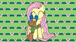 Size: 1696x954 | Tagged: safe, artist:ianpony98, fluttershy, oc, oc:floris, g4, clothes, common, hoodie, hug, sandals, similarities, stockings, thigh highs, winghug