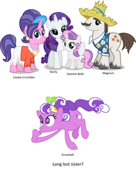 Size: 4152x5336 | Tagged: safe, cookie crumbles, hondo flanks, rarity, screwball, sweetie belle, g4, absurd resolution, family, female, sisters