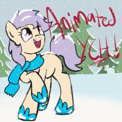 Size: 800x800 | Tagged: safe, artist:lannielona, pony, animated, christmas, clothes, commission, female, happy, holiday, mare, scarf, shoes, snow, snowfall, snowpony, solo, tree, winter, your character here