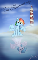 Size: 937x1463 | Tagged: safe, artist:jesterpi, rainbow dash, pegasus, pony, g4, 35th anniversary, anniversary, beach, cloud, cloudy, lighthouse, mist, ocean, reflection, water