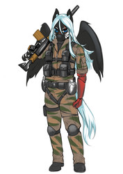 Size: 3307x4677 | Tagged: safe, artist:profiterole, oc, oc only, oc:stormfall, anthro, amputee, anthro oc, battle rifle, camouflage, canteen, clothes, gun, knee pads, male, metal gear solid 5, popped collar, prosthetic arm, prosthetic limb, prosthetics, rifle, rolled up sleeves, stallion, suppressor, venom snake, weapon