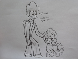 Size: 2576x1932 | Tagged: safe, artist:drheartdoodles, pinkie pie, oc, oc:anon, human, g4, cheek rubbing, clothes, glasses, jacket, petting, smiling