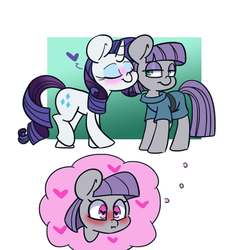 Size: 500x500 | Tagged: safe, artist:lou, maud pie, rarity, earth pony, pony, unicorn, g4, blushing, blushing profusely, female, floating heart, heart, heart eyes, inner thoughts, lesbian, nuzzling, ship:rarimaud, shipping, wingding eyes