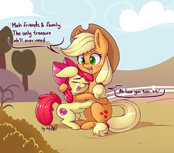 Size: 2162x1906 | Tagged: safe, artist:dsp2003, apple bloom, applejack, earth pony, pony, 30 minute art challenge, accent, adorabloom, applebetes, blushing, cloud, comic, cowboy hat, cute, cutie mark, daaaaaaaaaaaw, day, dsp2003 is trying to murder us, duo, duo female, ear fluff, eyes closed, female, filly, floppy ears, foal, hat, hooves, hug, jackabetes, mare, open mouth, sibling love, siblings, signature, single panel, sisterly love, sisters, speech bubble, sweet apple acres, sweet dreams fuel, teeth, tree, wholesome