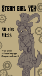 Size: 3240x5760 | Tagged: safe, artist:shamziwhite, anthro, unguligrade anthro, advertisement, auction, breasts, cane, cleavage, clothes, commission, female, gears, glasses, gloves, hat, long gloves, looking at you, smiling, solo, standing, steampunk, stockings, thigh highs, your character here