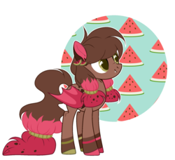 Size: 1024x933 | Tagged: safe, artist:mintoria, oc, oc only, oc:waterbow, bat pony, pony, female, food, mare, simple background, solo, transparent background, watermelon